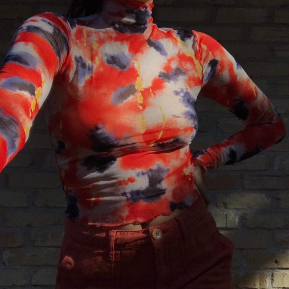 sheer mesh top w abstract watercolor color pattern